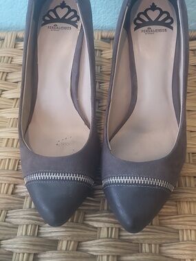 Fergalicious Gray Suede Pointed-Toe Heels with Zip Detail